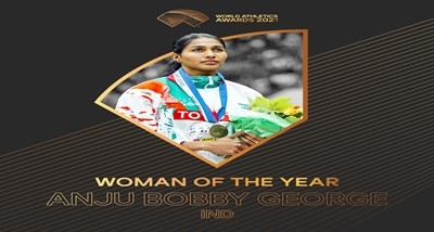 अंजू बॉबी जॉर्ज ने विश्व एथलेटिक्स का वर्ष की सर्वश्रेष्ठ महिला का पुरस्कार जीता।