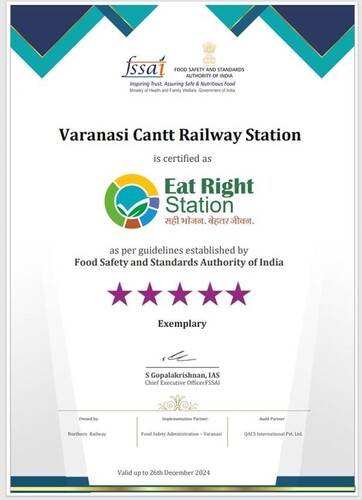 'Eat Right Station' certification to the Varanasi Cantt Railway Station
