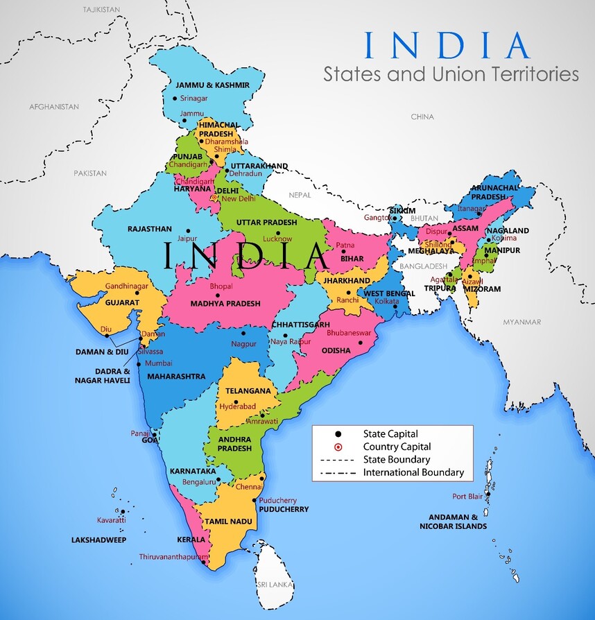 India Political Map showing International Borders and geography of India