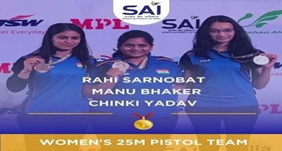 Trio of India- Rahi Sarnobat, Chinky Yadav, and Manu Bhaker clinched a gold medal